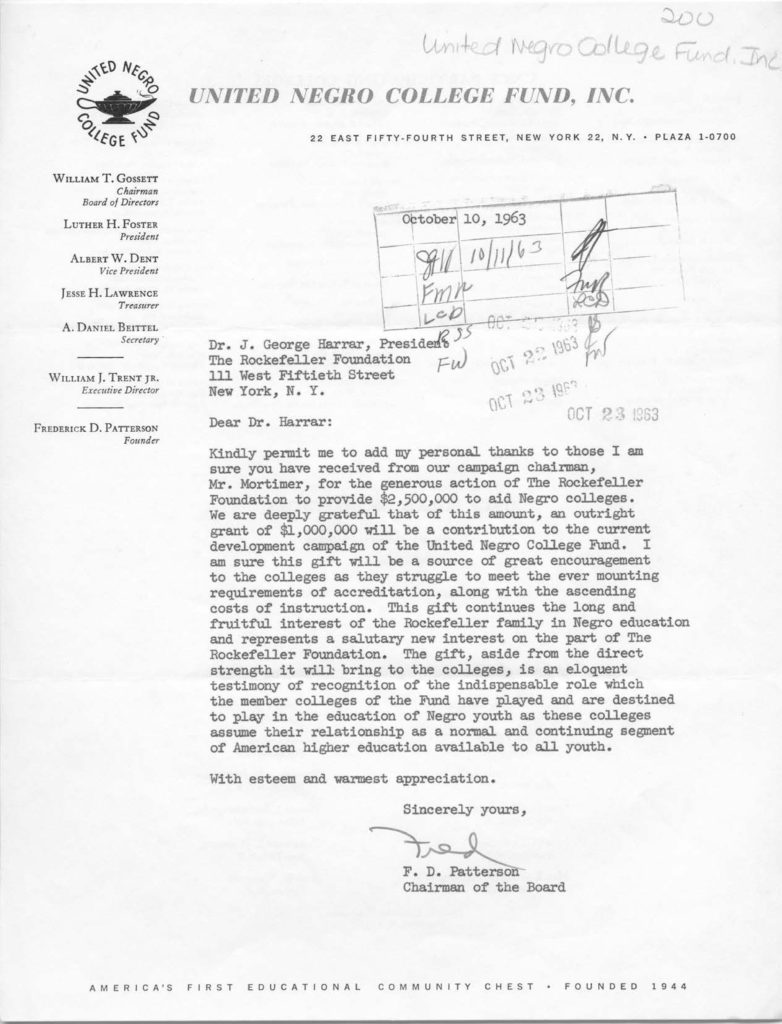 A thank you letter addressed to Dr. J. George Harar, president of the UNCF. The letter is signed F.D. Patterson, "chairman of the board".