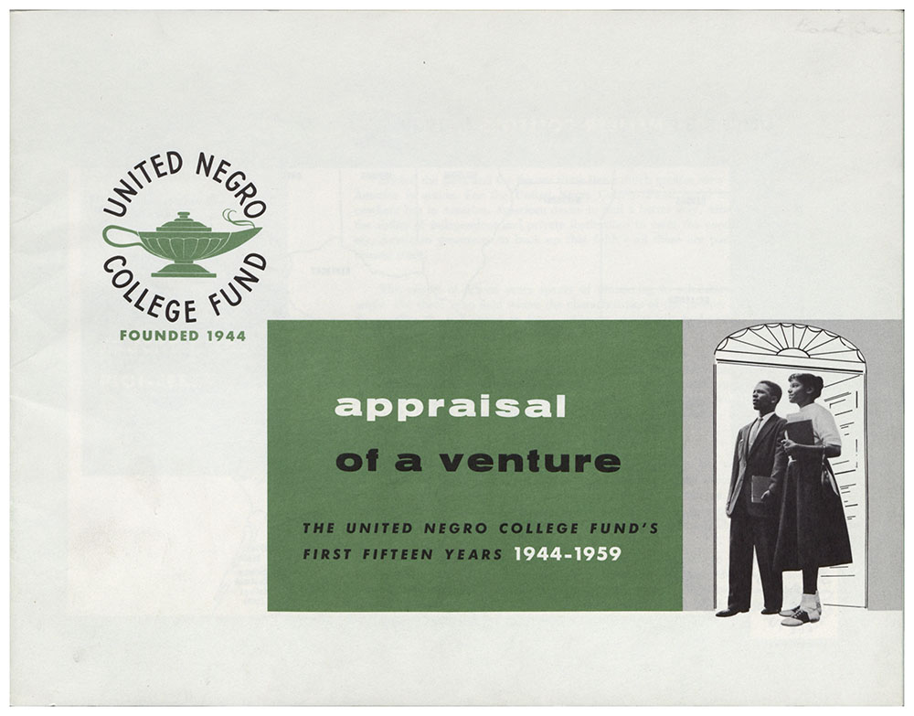 This black-white-and-green image depicts an ad-campaign commemorating the UNCF's first 15 years. Two African-American students are depicted carrying textbooks. The ad reads: "appraisal of a venture: the united Negro college Fund's First Fifteen Years (1944-1959)"