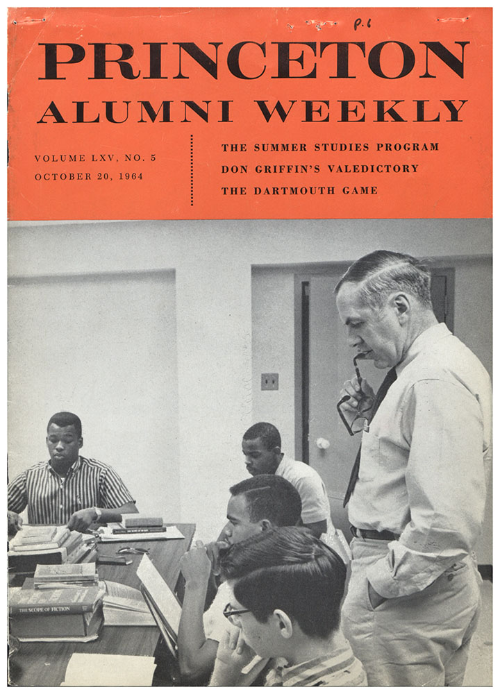 Black-white-and-orange book cover reading "PRINCETON ALUMNI WEEKLY, volume LXV, NO.5. OCTOBER 20 1964. THE SUMMER STUDIES PROGRAM DON GRIFFIN"S VALEDICTORY THE DARTMOUTH GAME"
