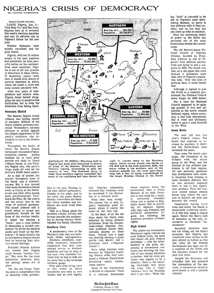 An image of Lloyd Garrison's article: Nigeria's crisis of democracy. Map of Nigeria included with different sections and symbols related to different goods found in each area and population size.