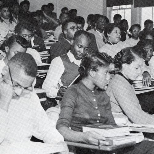 A room full of African-American students attending a lecture in 1955 as part of the United Negro Collection fund.