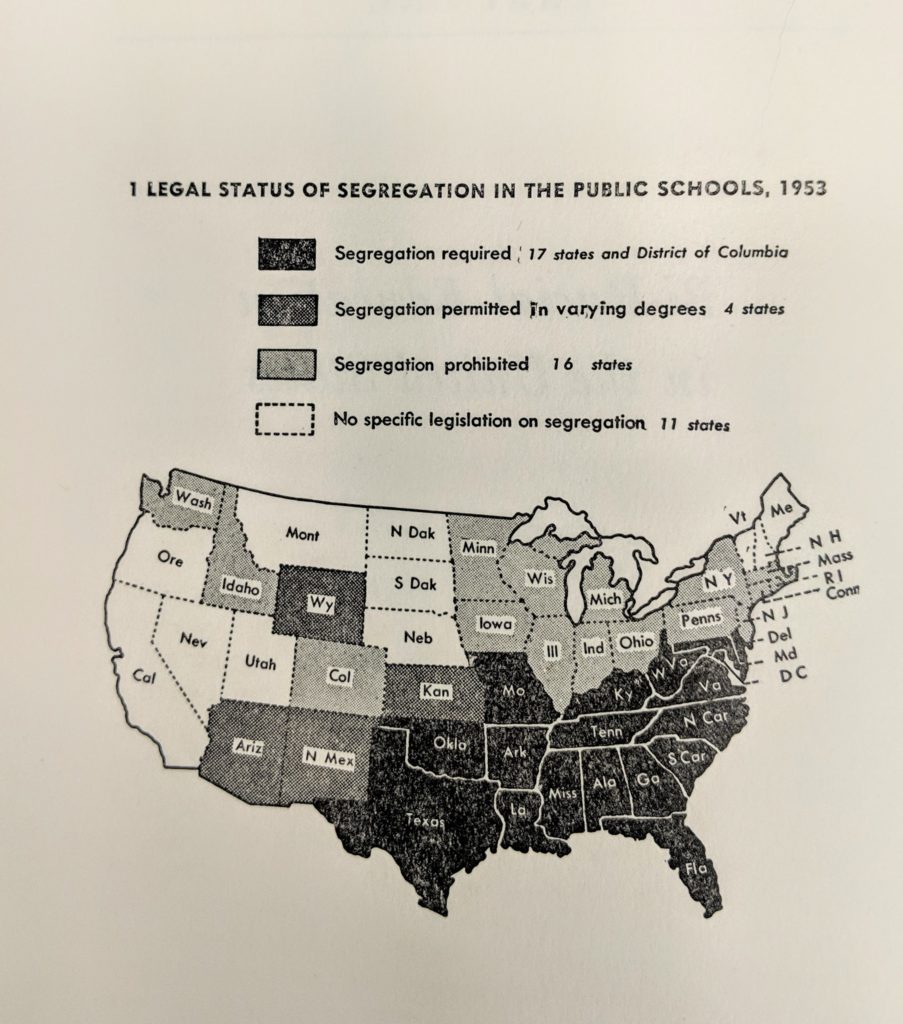 Legal Status of Segregation in the Public Schools, 1953; map of the United States