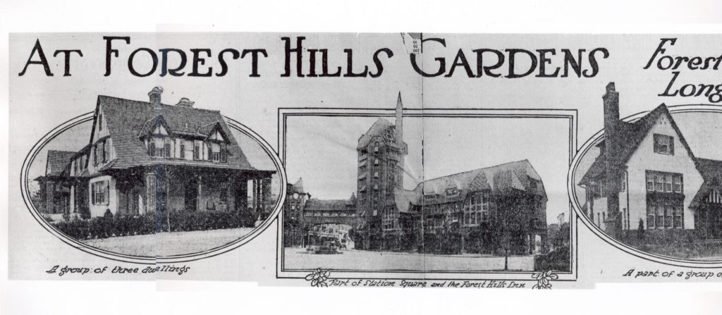 Advertisement in a printed publication for Forest Hills residence. Three images are displayed of the residence buildings. The texts reads, "Part of station square and forest hills inn."