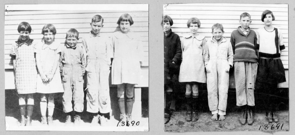 Black and white comparison photos of a family of five before and after hookworm treatment.