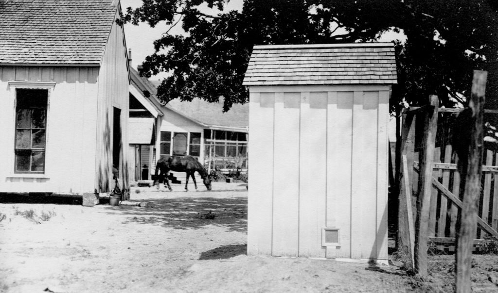 Black and white image of a more sanitary condition of a privy and other building infrastructures in addition to a horse.