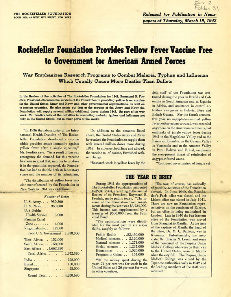 A 1942 newsletter page reads "Rockefeller Foundation Provides Yellow Fever Vaccine Free to Government for American Armed Forces."
