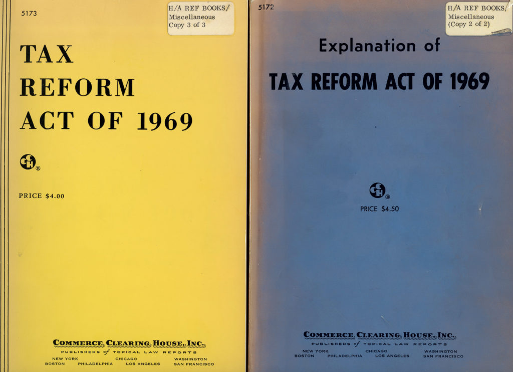 A yellow and a blue copy of the "Tax Reform Act of 1969"