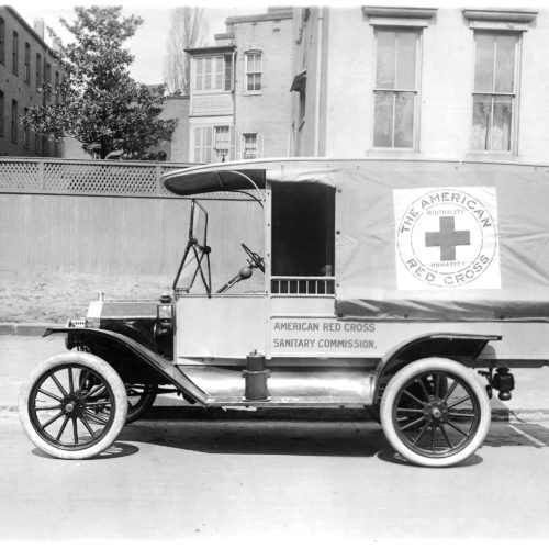 Black-and-white image of an American Red Cross sanitation vehicle