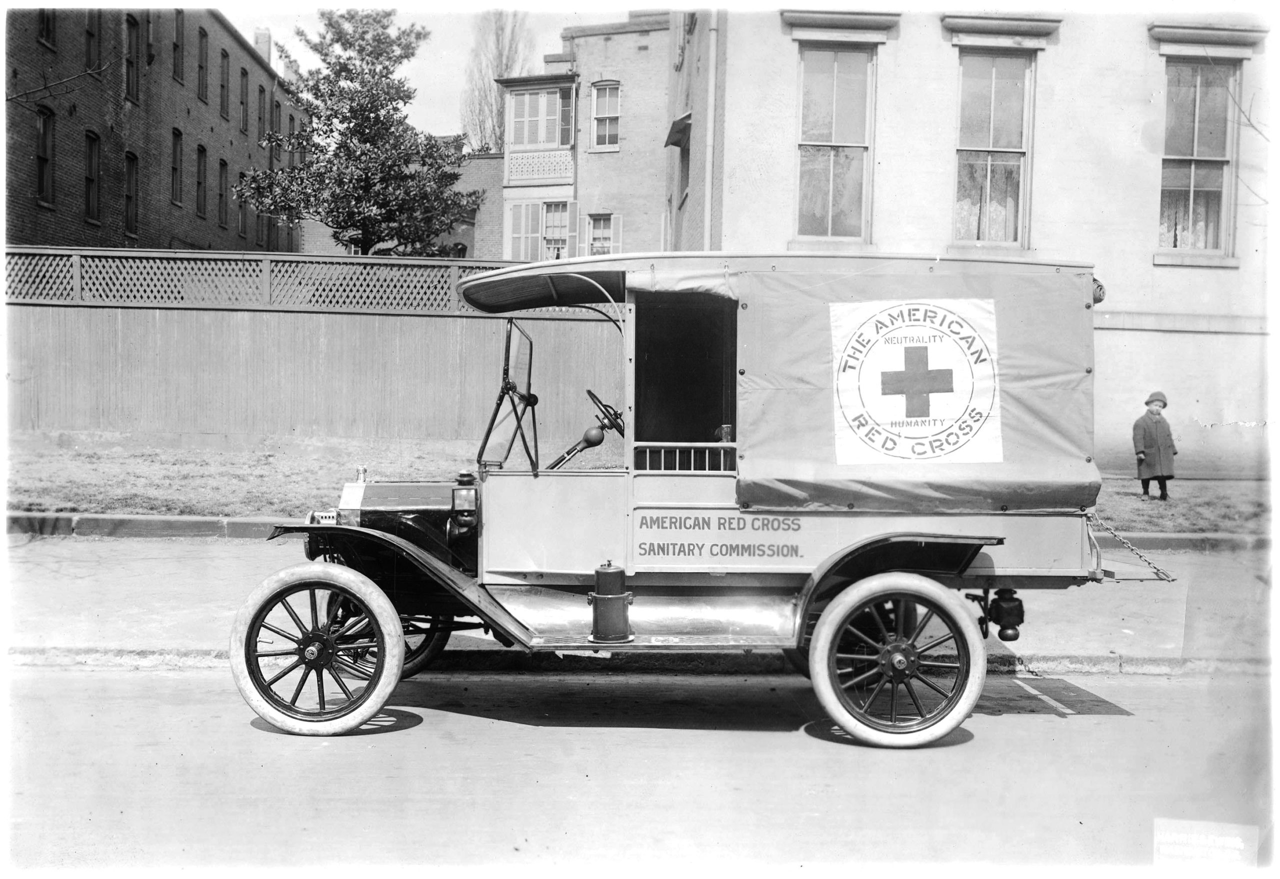 Black-and-white image of an American Red Cross sanitation vehicle