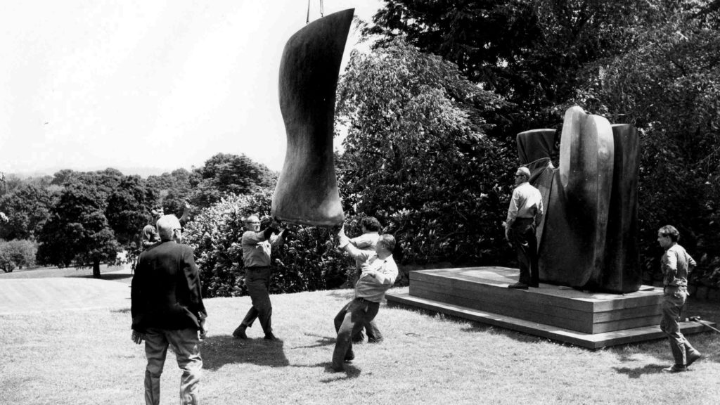 Black and white photo of the installation “Knife Edge Two Piece: at Kykuit".