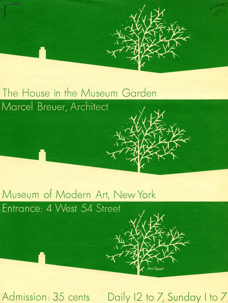 Green and cream color of “The House in the Museum Garden” by Marcel Breuer, Architect. It names the museum and the address. “Museum of Modern Art, New York. Entrance: 4 West 54 Street.”
