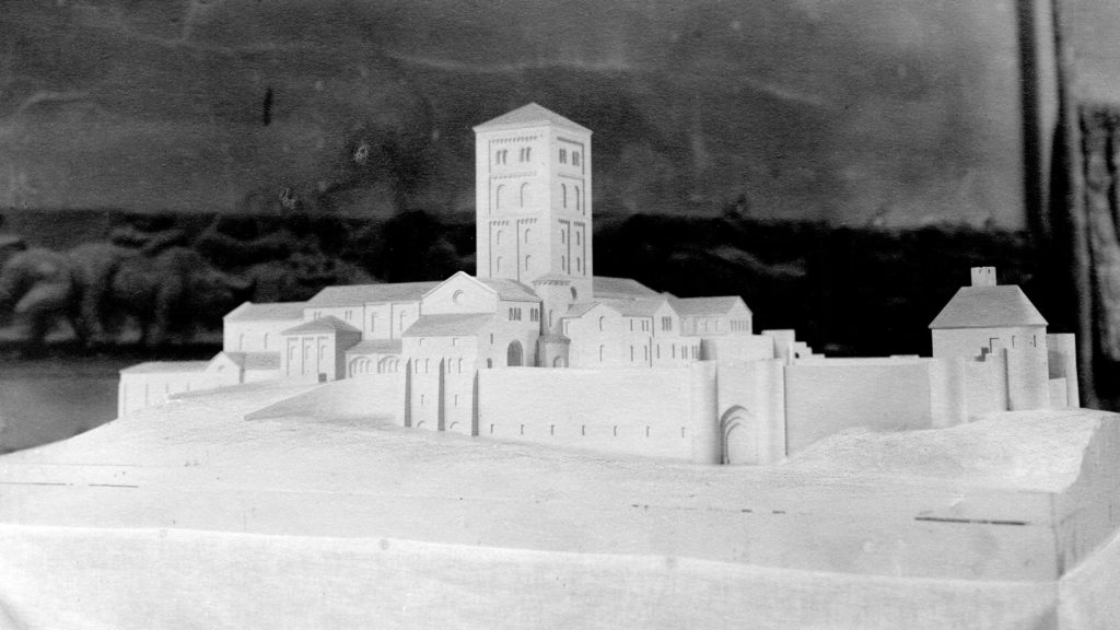 Architecture model of the Met Cloisters Photo taken in black and white film.