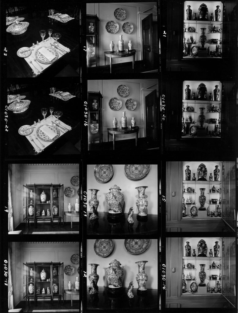 Black and white photo of 9 Negatives of Chinese porcelain.