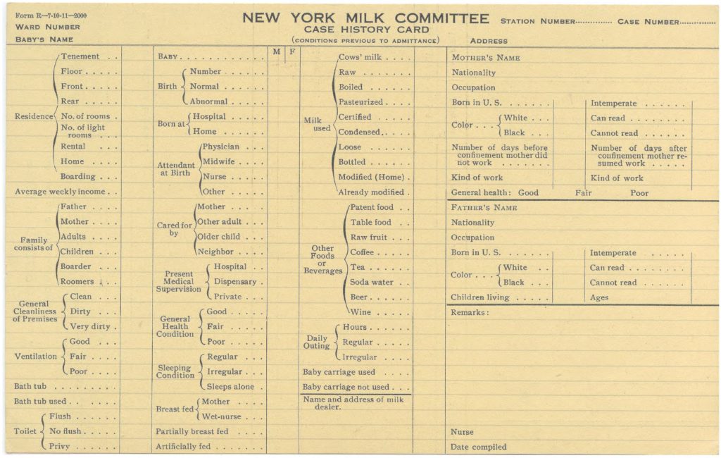 card documenting the conditions in which an infant lived