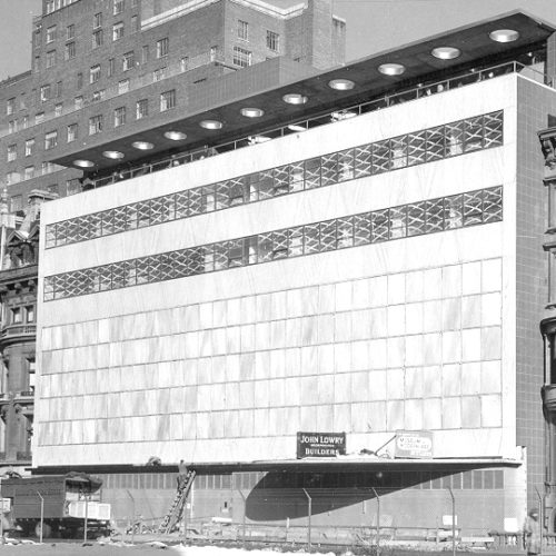 Black and white photo of the MoMa during construction.