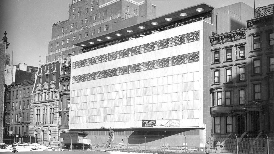 Black and white photo of the MoMa during construction.