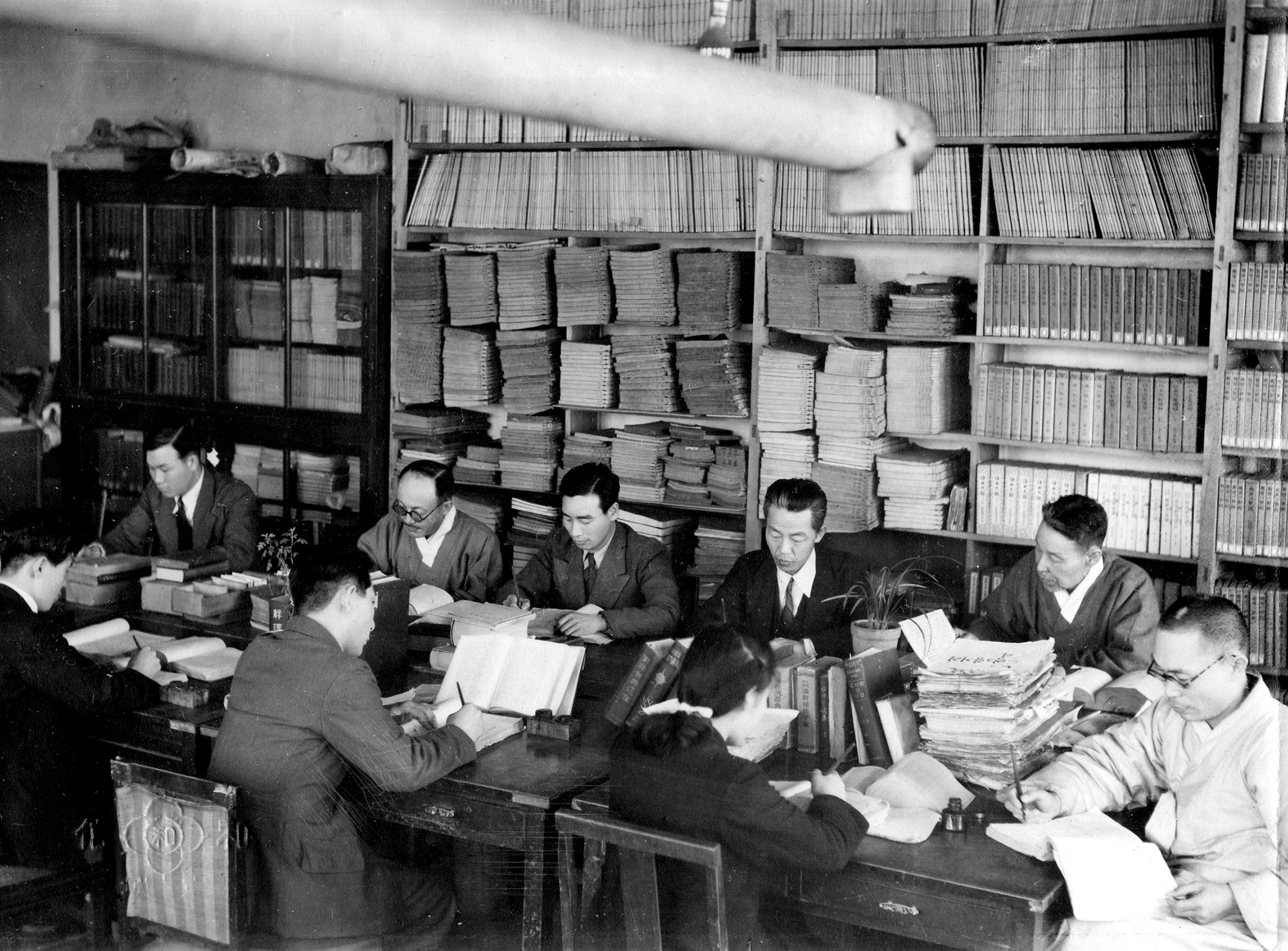 "Action shot of the Dictionary staff. Korean Language Research Society, Seoul, Korea." - caption on the back of the photograph