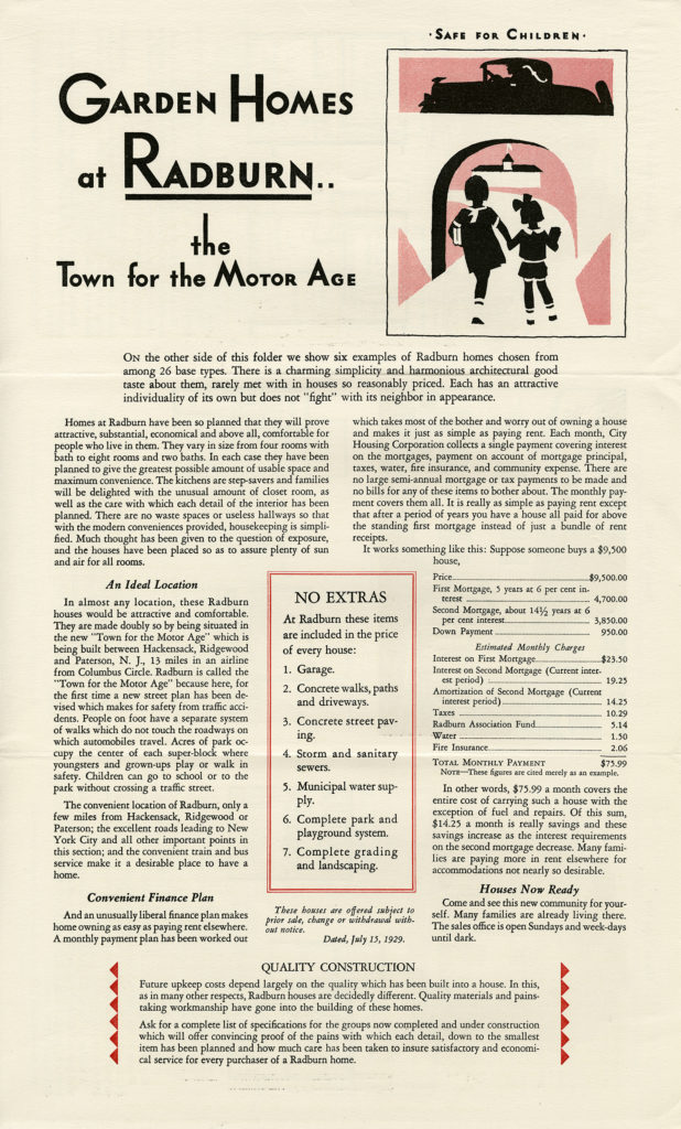 Pamphlet titled "Garden Homes at Radburn...the Town for the Motor Age".
