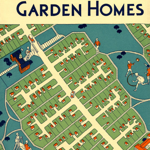 City Housing Corporation published material, "Radburn Garden Homes". This colorful pamphlet depicts community members playing in a playground and other sports, as well as an illustrated map of the community lay out.