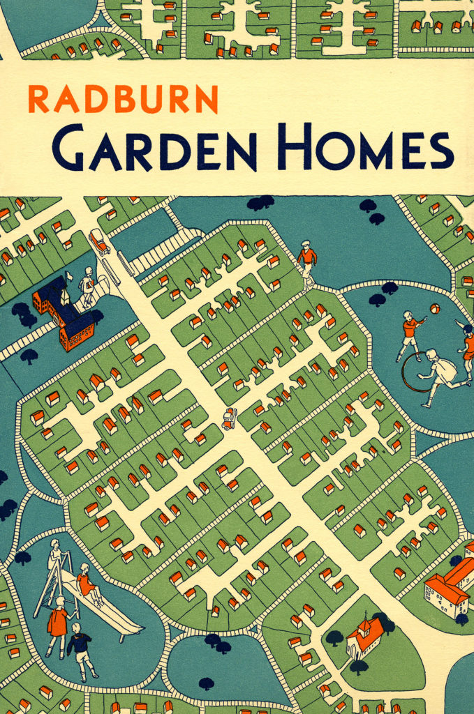 City Housing Corporation published material, "Radburn Garden Homes". This colorful pamphlet depicts community members playing in a playground and other sports, as well as an illustrated map of the community lay out.
