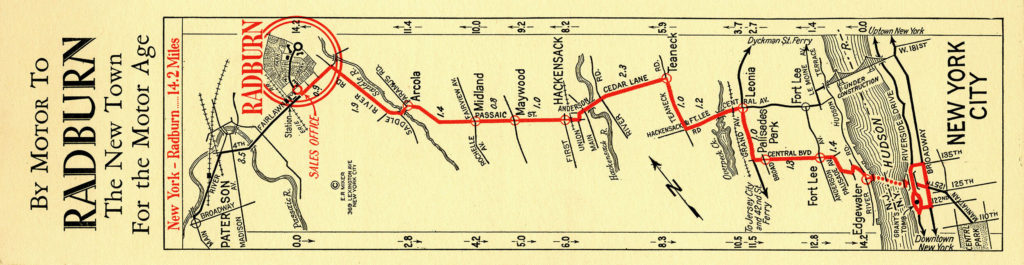 Map illustrating the distance from Manhattan to Radburn, New Jersey.