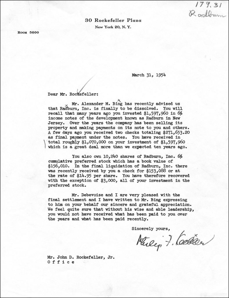 Letter from Alex Bing to John D. Rockefeller dated March 31, 1954.