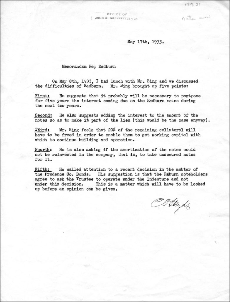 Memorandum written May 17th, 1933 in regard to Radburn, New Jersey.