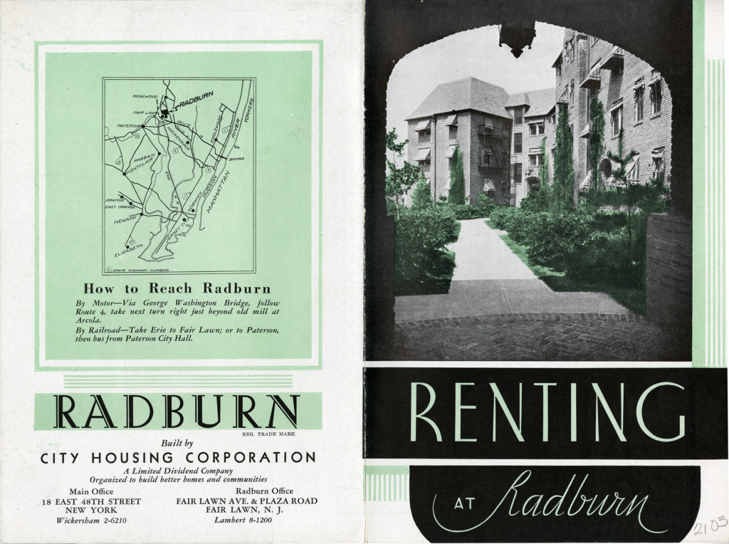 Pamphlet, "Renting at Radburn". Cover features an underpass towards apartments. The other side of the pamphlet illustrates the route from Manhattan to Radburn.