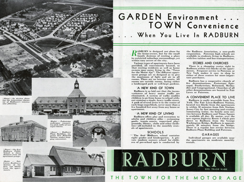 Brochure of "Radburn the Town for the Motor Age". Featured are photos of the community layout, commercial center, underpass, Radburn Public School, and the Fair Lawn- Radburn Station.