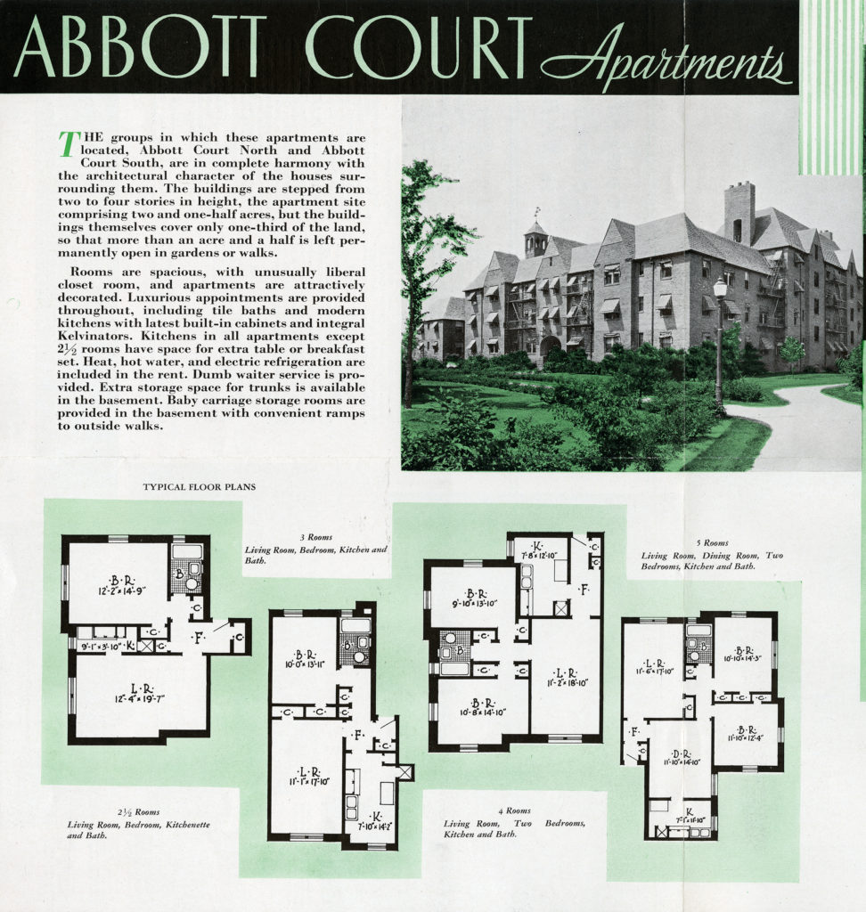 Advertisement for Abbott Court Apartments. Featured are the apartment complexes, with layouts of the types of apartments available within.