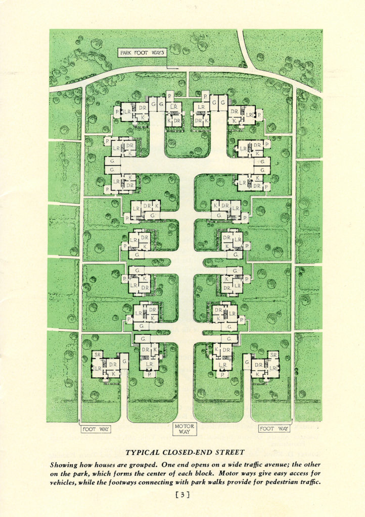 Map of Radburn, New Jersey. This map reads "Typical Closed-End Street. Showing how houses are grouped, one end opens a wide traffic avenue; the other on the park, which forms the center of each block. Motor ways give access for vehicles, while the footways connecting with park walks provide for pedestrian traffic."