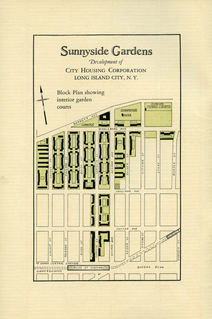 Pamphlet of Sunnyside Gardens, which reads "Sunnyside Gardens, Development of City Housing Corporation, Long Island City, N.Y." Includes a map of the developments that reads "Block Plan showing interior garden courts"