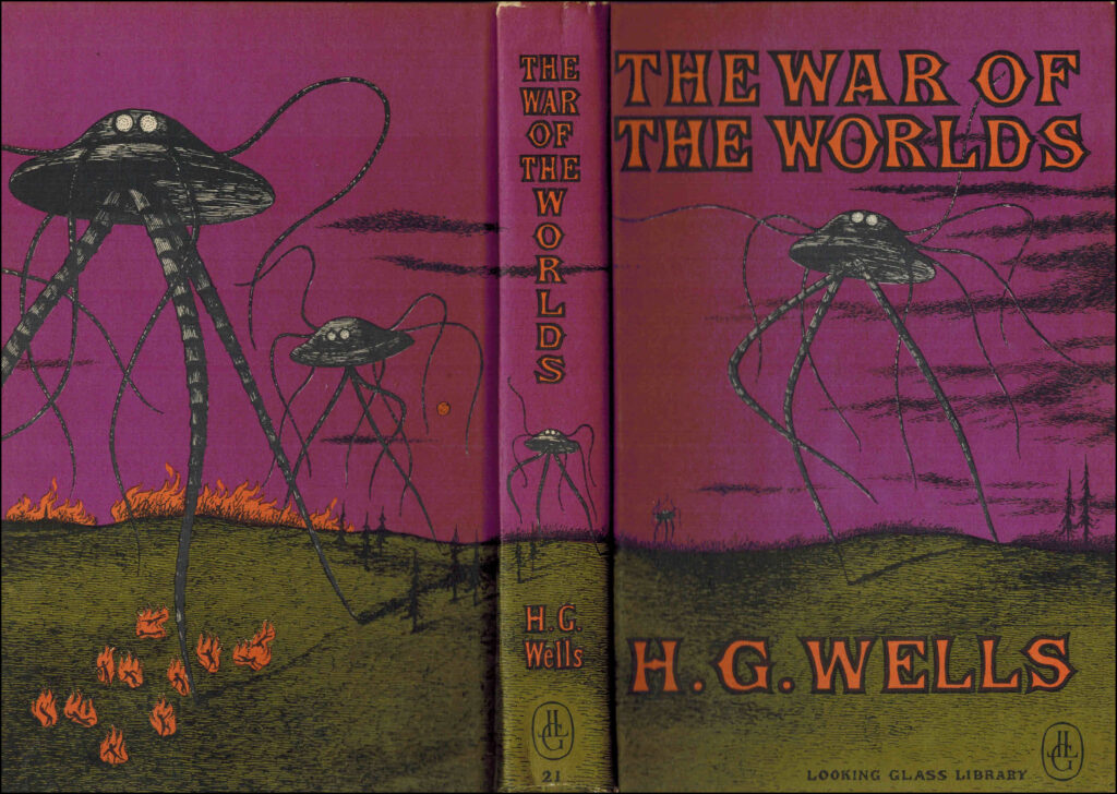 Color book cover for the 1960 edition of "The War of the Worlds," by H. G. Wells. The illustration is by Edward Gorey and shows alien creatures, resembling giant jellyfish, landing in a green field with a purple sky in the background.