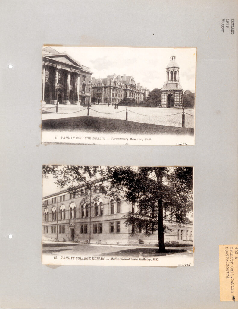 Black and white image of the Tercentenary Memorial (Campanile). Black and white image of Trinity College Dublin Medical School Main Building