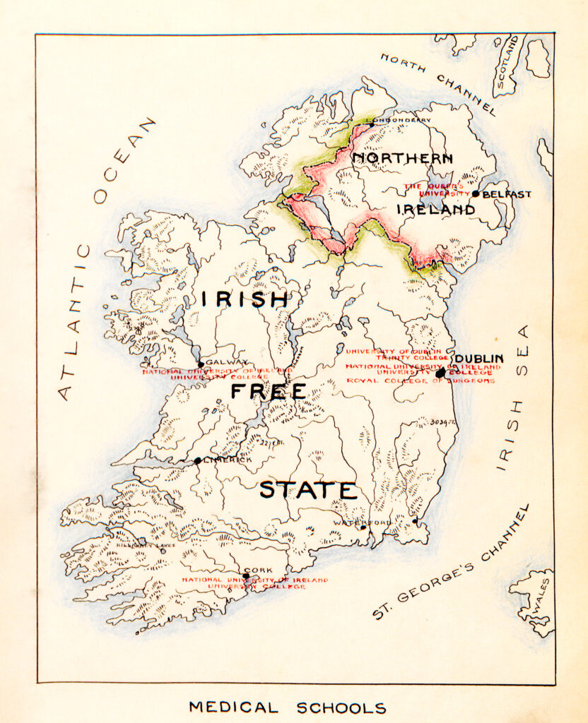 Map of Ireland medical schools in cities of Cork (National University of Ireland University College), Dublin (University of Dublin, Trinity College, National University of Ireland University College, Royal College of Surgeons), Galway (National University of Ireland, University College), and medical schools in Belfast, Northern Ireland (The Queens University). Displays division between Northern Ireland and the Irish Free State. Includes neighboring countries, Wales and Scotland. Displays local bodies of water, St. Georges Channel, Irish Sea, Northern Channel and Atlantic Ocean.