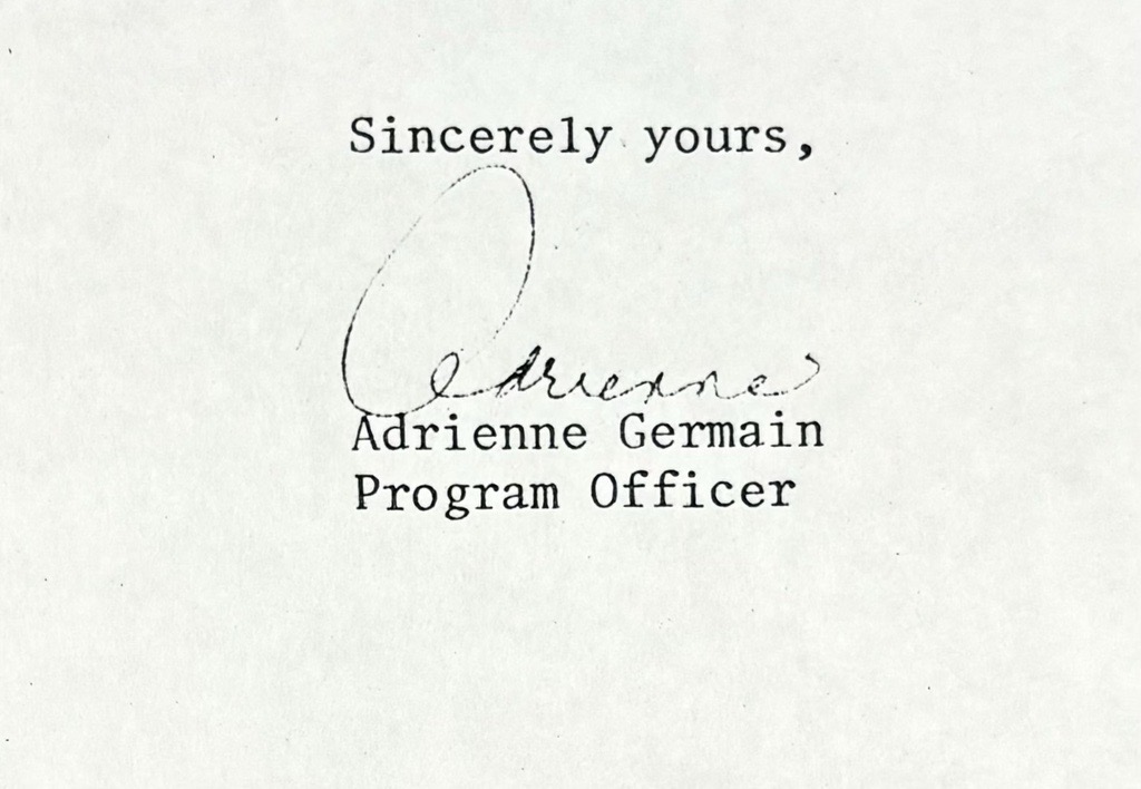 Close-up of a letter closing from the Ford Foundation collections reads "Sincerely yours, [signed] Adrienne, Adrienne Germain, Program Officer
