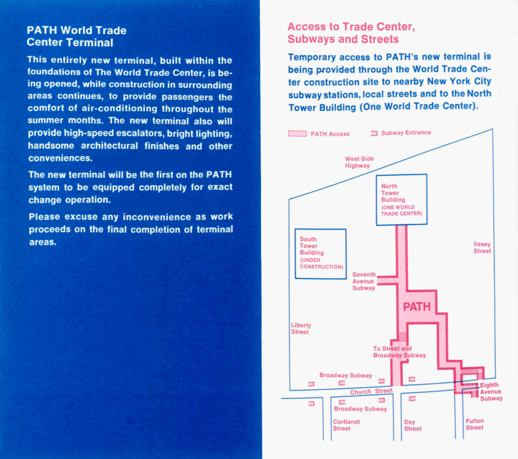 Red and blue brochure advertising for the July 6, 1971 opening of the PATH Terminal at the World Trade Center