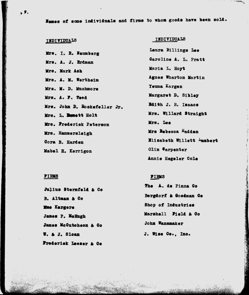 A list of individuals and firms to whom goods had been sold by the Ukrainian Needlecraft Guild. Notable names include Mrs John D. Rockefeller Jr (Abby Aldrich Rockefeller), and department stores Bergdorf Goodman, Wanamaker's, and Marshall Field's.